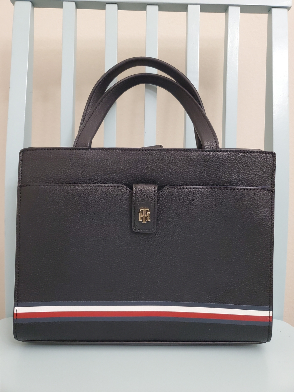 Tommy Hilfiger Black Top-Handle Bag with Signature Stripe